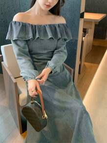 DAZY Women Elegant Off Shoulder Ruffle Top & Denim Skirt 2 Pieces Outfit, Suitable For Autumn