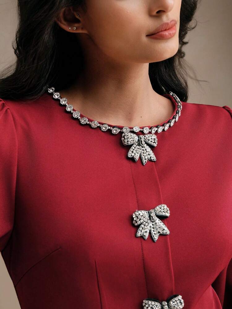 Elegant Red Christmas Dress With Diamond Bow, Burgundy Shiny Lantern Sleeve Party Dress