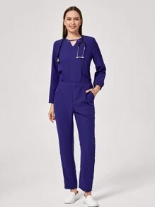 TaskEZ 1 set Uniforme de scrub con top de manga larga cuello en V de unicolor y pantalones, conjunto minimalista - Azul - Ver 1