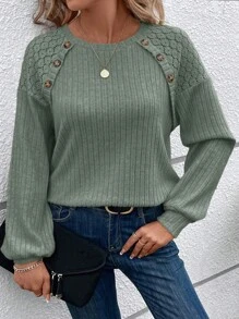 EMERY ROSE 杏色蕾丝拼布纹理女式长袖 T 恤