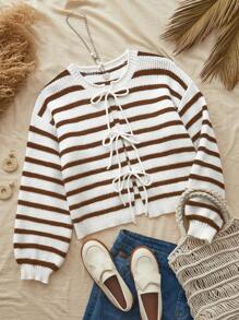 SHEIN VCAY Áo len cardigan thắt nơ cổ tròn tay dài cho nữ, trang trí nơ, mùa thu cho nữ - Cà phê nâu - Xem 1