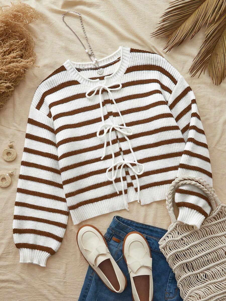 SHEIN VCAY Áo len cardigan thắt nơ cổ tròn tay dài cho nữ, trang trí nơ, mùa thu cho nữ - Cà phê nâu - Xem 1