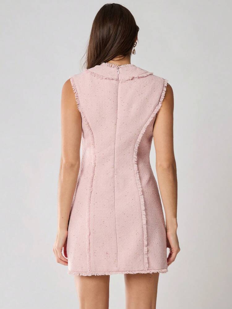 Winter/Spring Romantic Women's Soft Pink Exquisite Pearl Buttons Decor Sleeveless Fancy Yarn Fringed Tweed Cute Mini Dress,Sweet&Elegant&Stylish For Christmas Party&New Years&Birthday&Holiday Outfit &Sweet Date Night&Daily Commuting