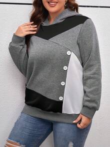 SHEIN LUNE Áo nỉ trùm đầu tay dài màu tương phản cỡ lớn thường ngày - màu đen - Xem 4