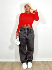 Zolique New Sexy Figure-Hugging Fringe Distressed Cutout Ribbed Long Sleeve Crew-Neck Sweater For Women, Design Knit Pullover Fall Winter - Orange - View 3