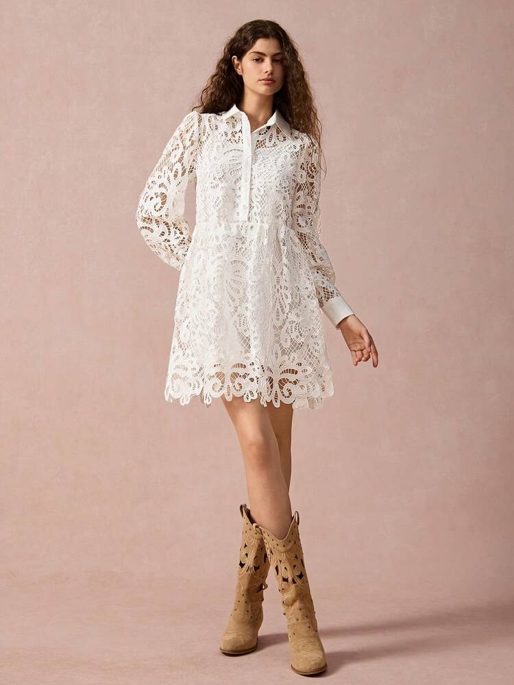 New Autumn Winter Products, Women Lapel Lantern Sleeve Hollow Out Lace Waisted Elegant Dress, Fall Winter Women's Clothing, Winter Dress, Long Sleeve Dress,White Dress,Fall Women Outfits,Winter Women Dress,Christmas Women Clothes,Vacation Dress,New Years Clothes