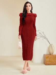 Modelyn Women's Elegant Solid Color Slit Hem Sweater Dress, Suitable For Autumn/Winter - Burgundy - View 4