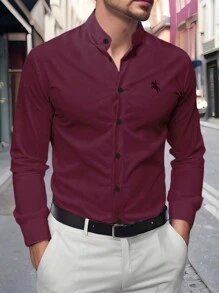 Manfinity Homme Men Casual Commuter Knight Pattern Print Long Sleeve Shirt, Autumn - Burgundy - View 1