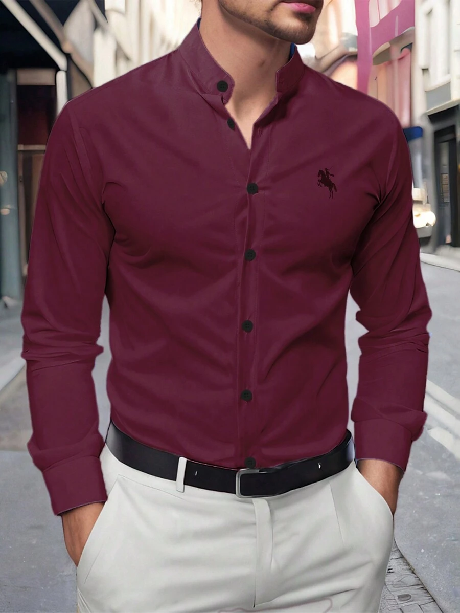 Manfinity Homme Men Casual Commuter Knight Pattern Print Long Sleeve Shirt, Autumn - Burgundy - View 1