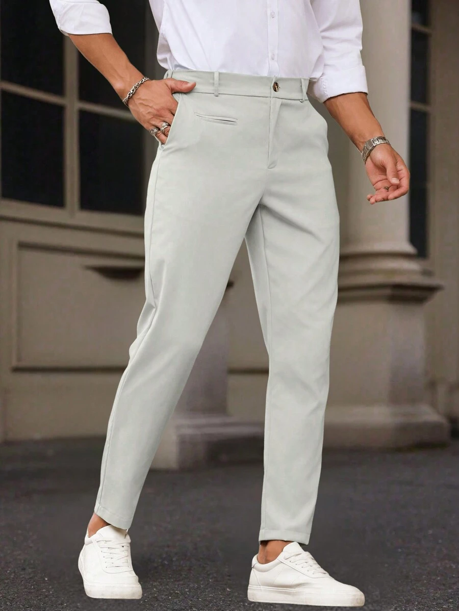 Manfinity Bizformal Quần ống đứng túi trơn màu cho nam đi làm, mùa thu - Xám - Xem 1