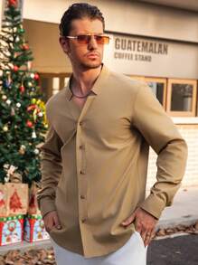 Manfinity VCAY 男士梭织修身插肩长袖休闲衬衫，适合日常穿着，秋冬季节百搭，圣诞节也适用。 - 卡其色 - 查看 5