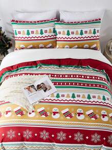 Juego de ropa de cama con estampado de muñeco de nieve, árbol de Navidad y calcetín de Navidad en rojo y verde, en tamaño individual/doble/queen/king - Multicolor - Ver 5
