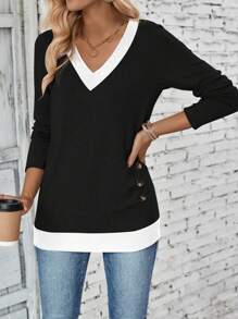 SHEIN LUNE Camiseta casual de manga larga con cuello en V y bloqueo de color para mujer, blusas gráficas para mujer para atuendos de primavera