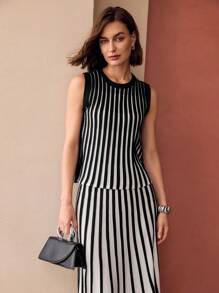 MOTF PREMIUM CLASSY TWO TONE STRIPED KNIT TOP - Black and White - View 2