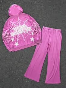 Manfinity EMRG Plus Size Men Skeleton Letter Print Drawstring Hoodie Sweatshirt And Sweatpants Casual Loose Suit - Pink - View 2