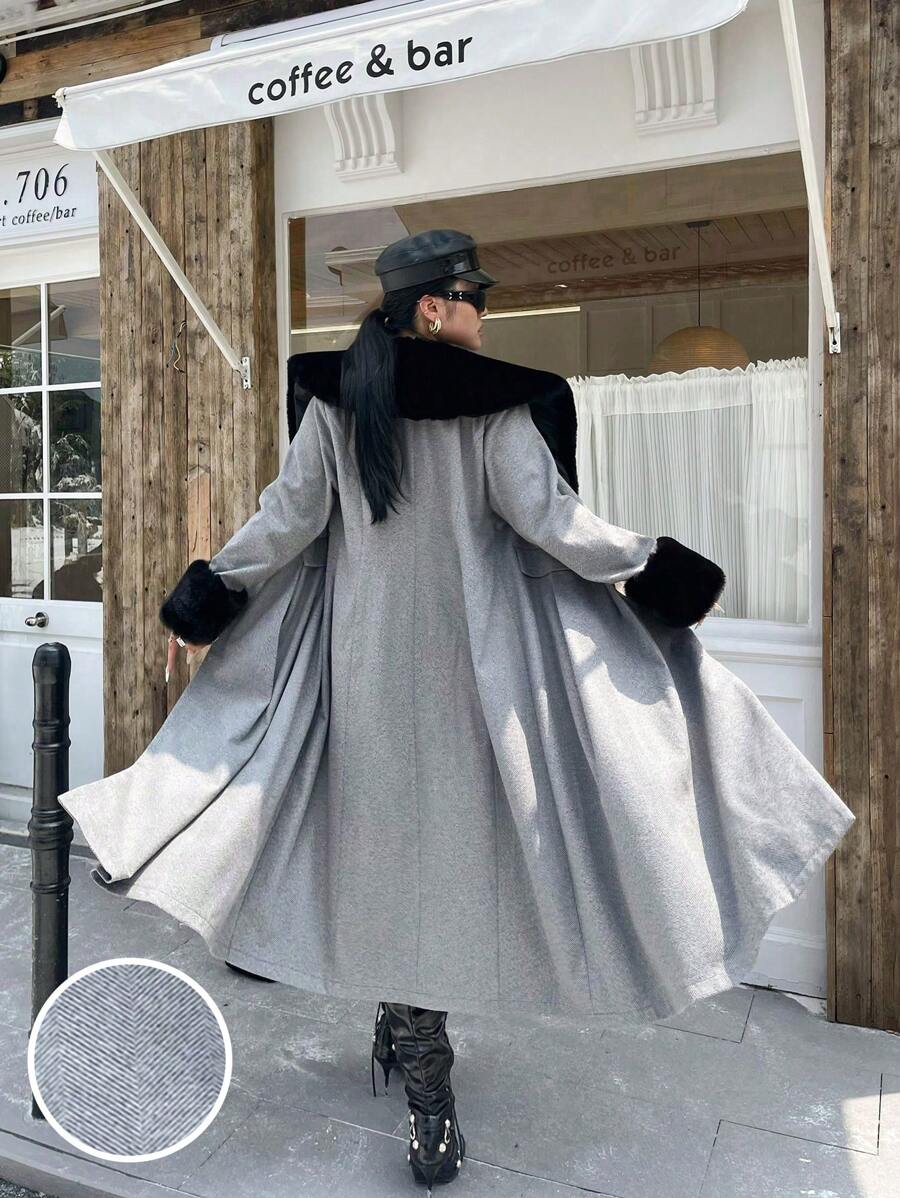 SHEIN Unity Plus Size Color-Block Fluffy Collar Long Coat, Autumn/Winter