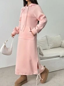 Chiquease Vestido tipo sudadera oversize con bolsillos, manga larga, diseño de abertura, forro esponjoso, estilo europeo casual, otoño/invierno