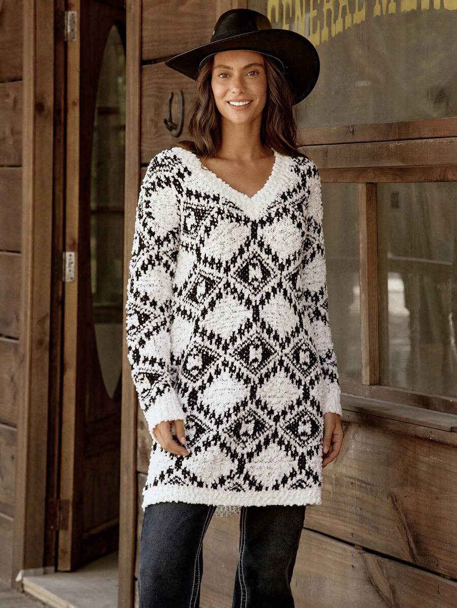 LanaWest Women Casual Colorblock Geometric Pattern Knitted Sweater Dress, Autumn/Winter - Black and White - View 1