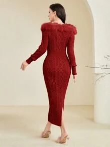 Modelyn Women's Elegant Solid Color Slit Hem Sweater Dress, Suitable For Autumn/Winter - Burgundy - View 2