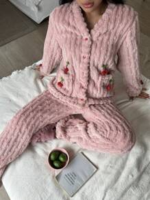Women 3D Cherry Decor Plush Long Sleeve Long Pants Pajama Set, Winter - Coral Pink - View 5