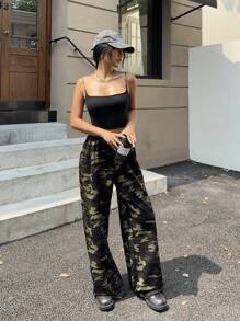 SHEIN EZwear Pantalones deportivos anchos de camuflaje casuales para mujer, aptos para el otoño