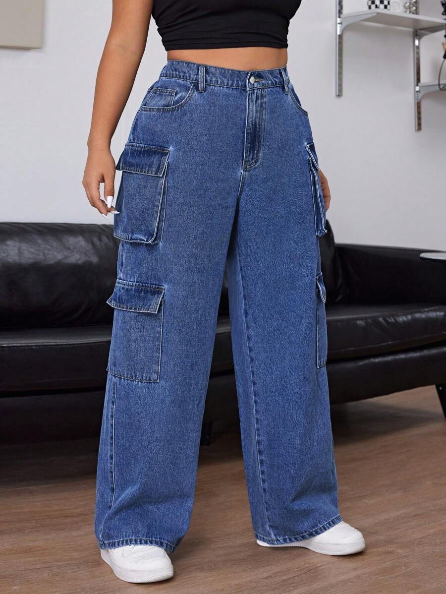 CovetEZ Plus Size Solid Color Pocketed Casual Loose Fit Boyfriend Jeans - Blue - View 1