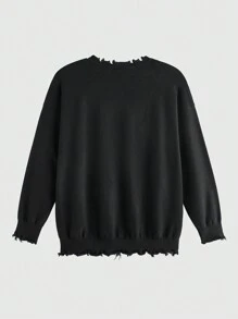 Mainfolk Áo len cổ tròn thêu họa tiết jacquard dáng rộng cỡ lớn dành cho nam, mặc đi chơi, thời trang đường phố, mùa thu đông - màu đen - Xem 3