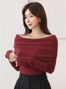 DAZY 女士纯色露肩毛衣，适合情人节和秋季服装 - 紅色 - 查看 7