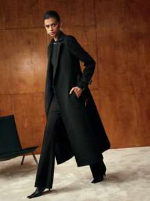 MOTF PREMIUM Manteau long ceinturé avec col châle en laine, poches en biais et boucle - Noir - Voir 7