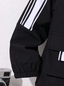 SHEIN Leap Crew Tween 男童休闲条纹丝带保暖内衬连帽拉链夹克，适合通勤、上学、日常休闲、旅行、运动、春夏秋冬 - 黑色 - 查看 4