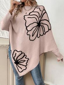 SHEIN LUNE Áo len dài tay thường ngày họa tiết hoa viền bất đối xứng cho nữ - Hồng - Xem 3