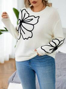 Calvaya Pulover de damă cu mânecă lungă, cu umăr căzut, cu model floral, ocazional, toamnă iarnă