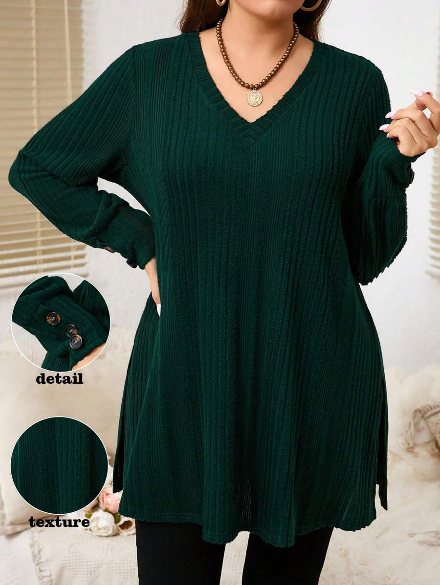 EMERY ROSE 大码纯色 V 领长袖纽扣装饰休闲 T 恤 - 墨綠色 - 查看 1