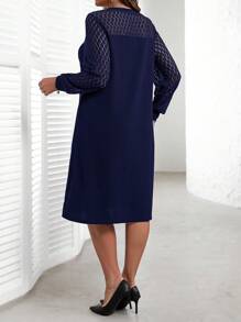EMERY ROSE Plus Size Women's Solid Color Round Neck Contrast Lace Long Sleeve Straight Elegant Fall Dress