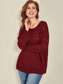 Suéter de punto holgado con caída de hombros de unicolor para otoño para mujeres talla grande