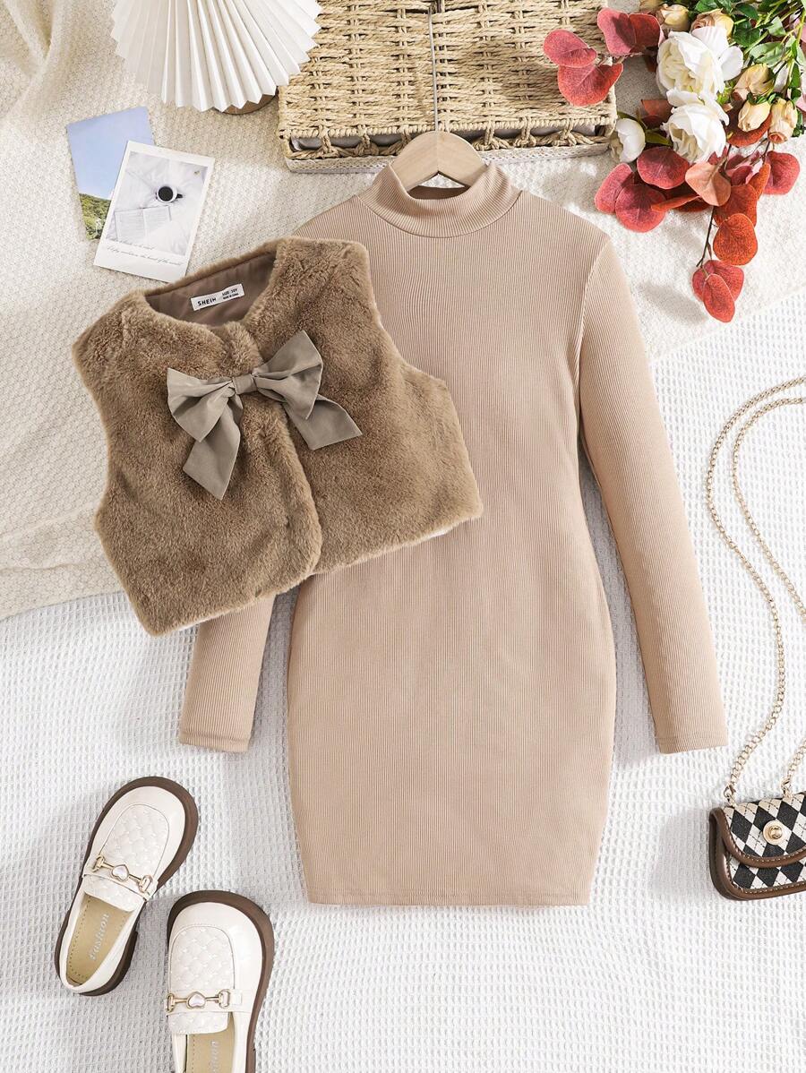 Tween Girl Casual Loose Plush Vest With Bow Decor & Comfortable Basic T