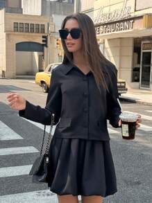 Chiquease 2 件套女士黑色长袖领子铆钉上衣和郁金香下摆裙子 - 黑色 - 查看 1