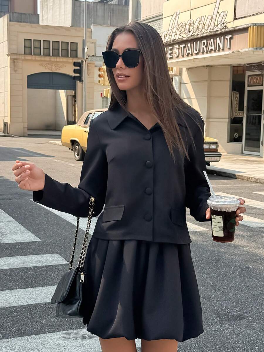 Chiquease 2 件套女士黑色长袖领子铆钉上衣和郁金香下摆裙子 - 黑色 - 查看 1