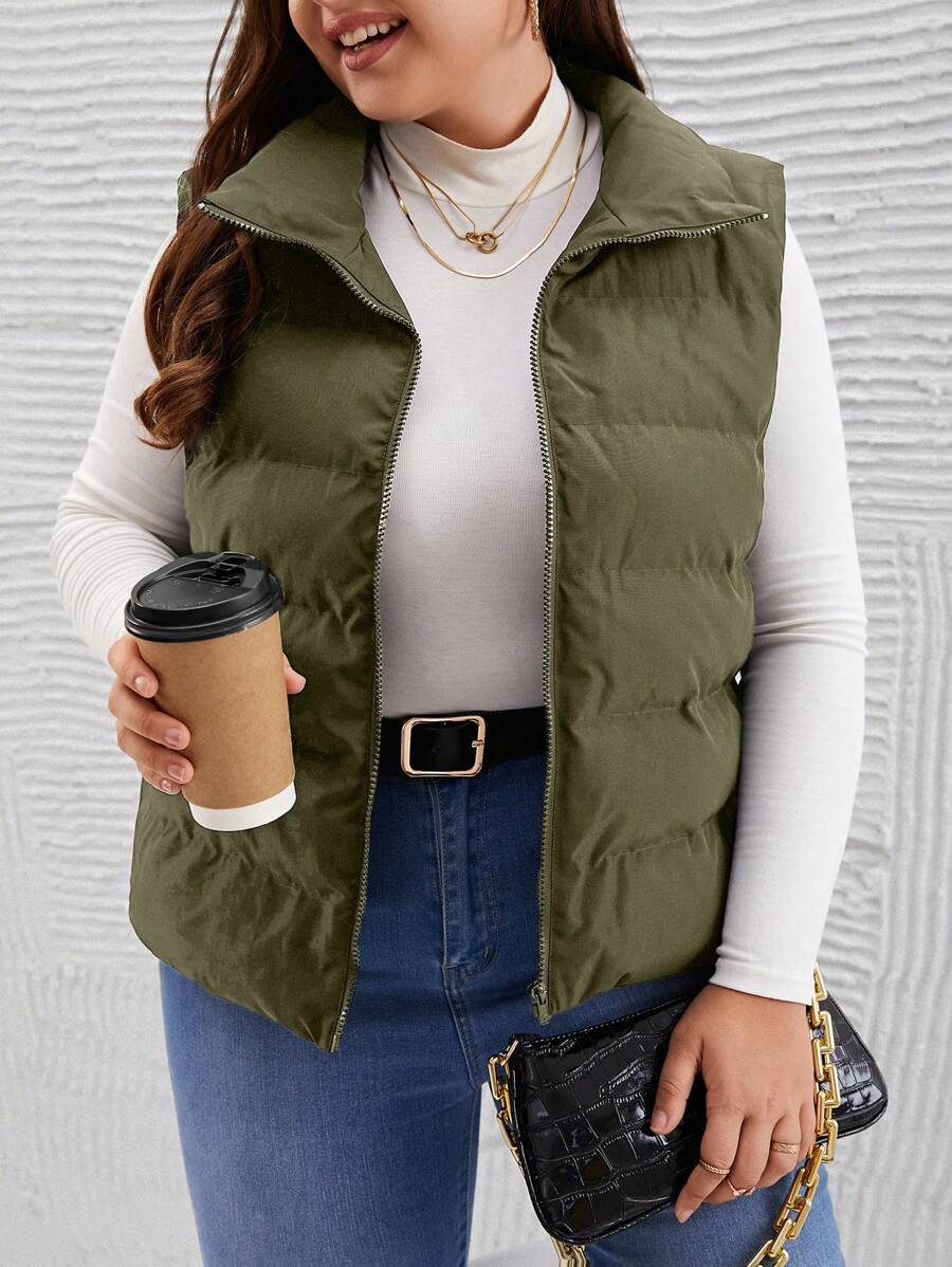 SHEIN LUNE Abrigo acolchado sin mangas de unicolor informal, para otoño/invierno, talla grande - Verde militar - Ver 1