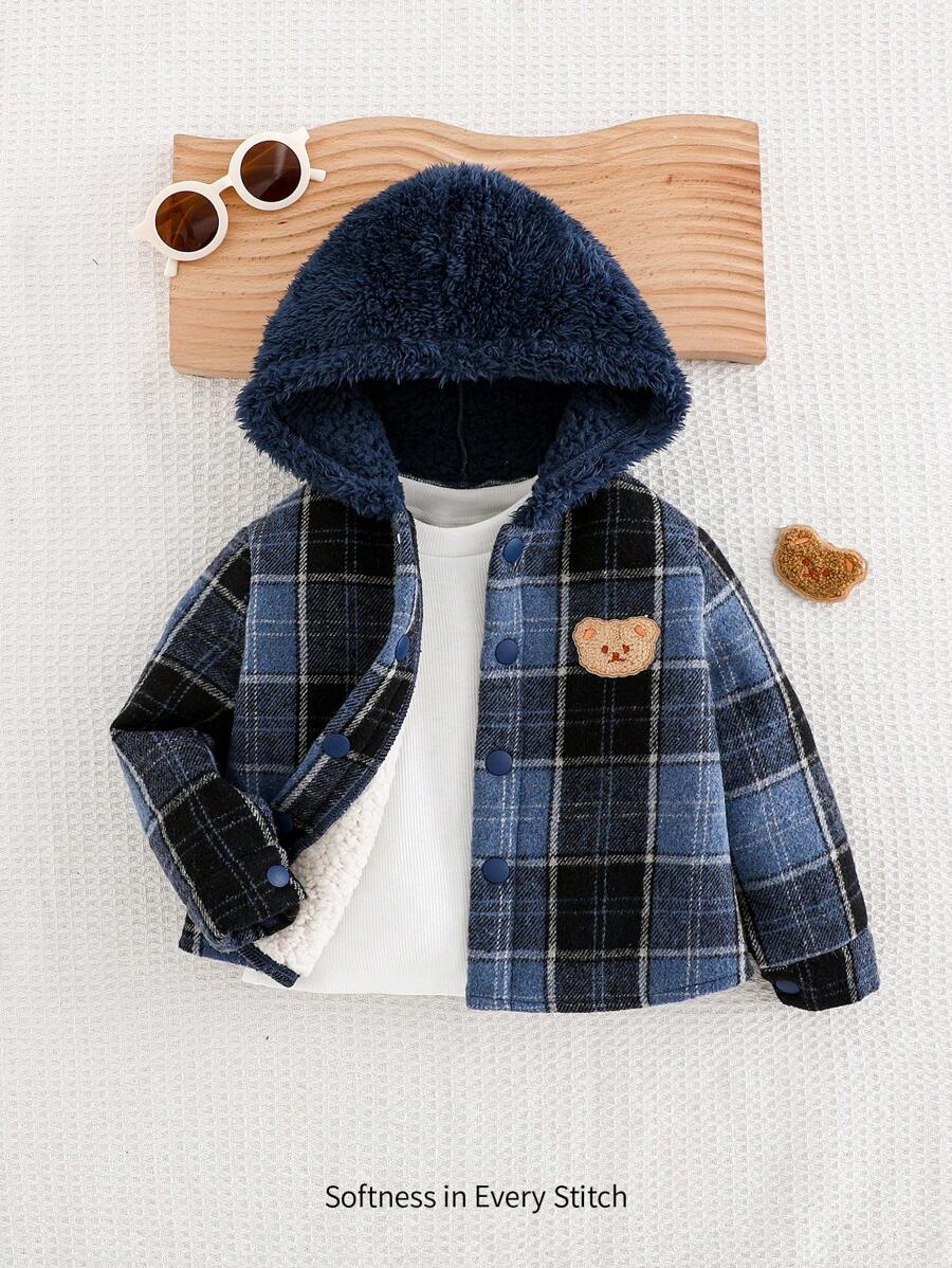 Cozy Pixies Baby Boy Colorful Patch Bear Print Hooded Cardigan,In Fall/Winter - Blue - View 1