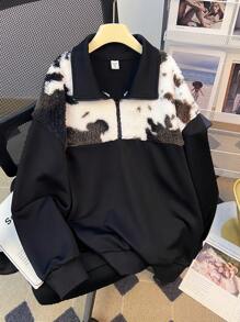 SHEIN 少女黑色/秋/冬/休闲宽松/扎染撞色缝线拉链露肩运动衫 - 黑色 - 查看 1