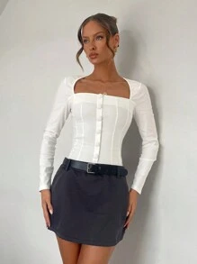 Pariaura 小众设计修身长袖方领衬衫，百搭，长袖上衣 - 白色 - 查看 3