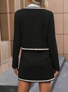 SHEIN Clasi 2 件套：女士长袖圆领仿珍珠纽扣装饰夹克和中长裙，优雅 - 黑色 - 查看 2