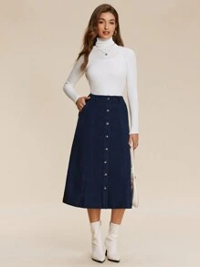 Chiquease Women's Pockets Decor Single Breasted Mid-Length Loose A-Line Skirt - Blue - View 3