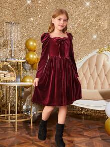 SHEIN Leap Crew 青少年女孩甜心领蝴蝶结装饰泡泡袖天鹅绒优雅连衣裙，适合圣诞节、派对、日常外出、生日派对、新年派对、母女装、淑女连衣裙、酒红色连衣裙 - 酒紅色 - 查看 4