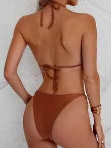 SHEIN Swim Conjunto de bikini de mujer con tirantes finos y cuello halter brillante de unicolor, para playa y resort de verano