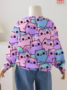 SHEIN 可爱猫咪印花，年轻女孩休闲简约宽松圆领保暖内衬舒适长袖套头衫，适合秋冬季 - 彩色 - 查看 2