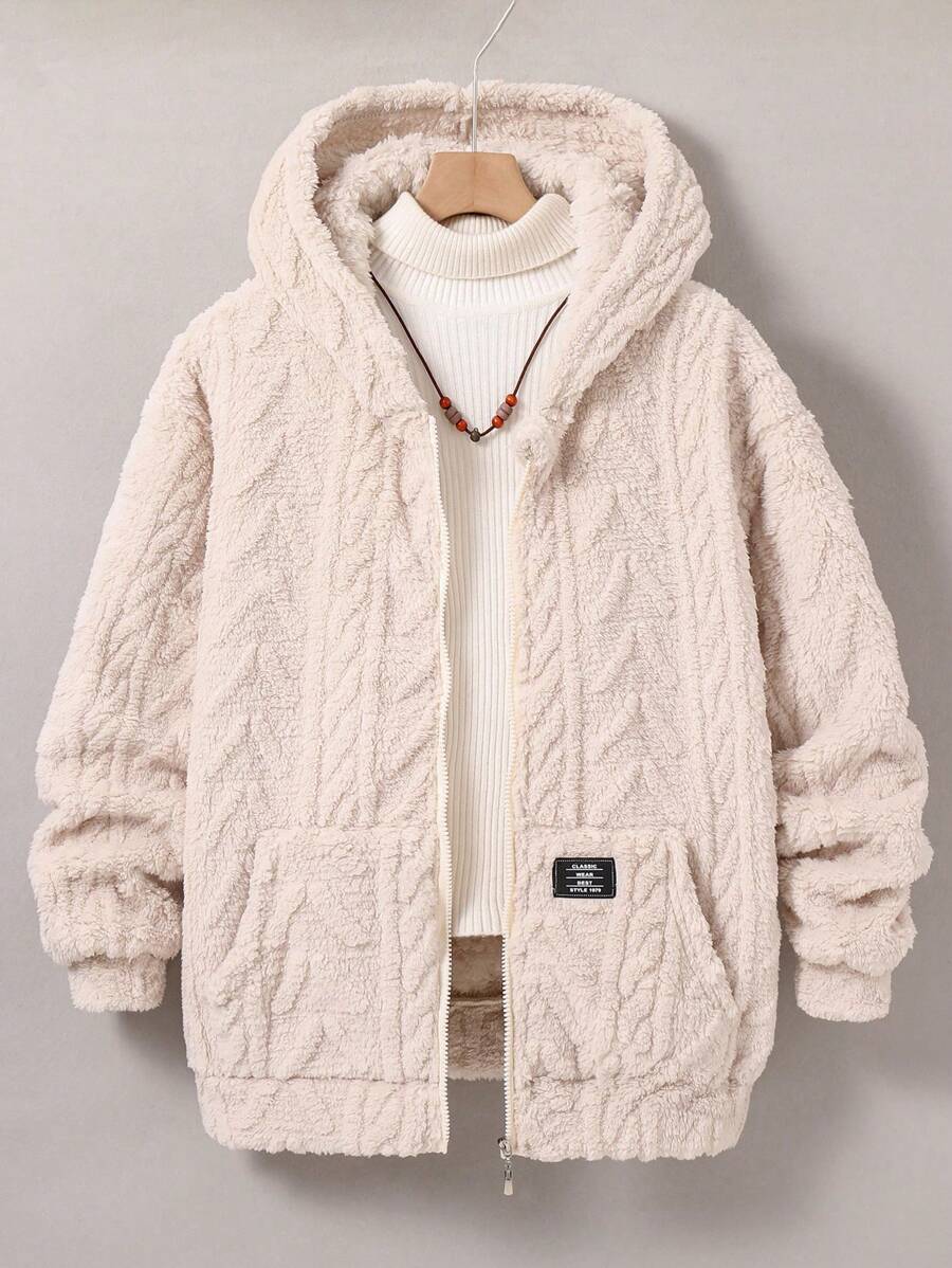 White Fluffy Textured Long Sleeve Hooded Cardigan Jacket For Teenage Boys Chic Outfits For Autumn/Winter