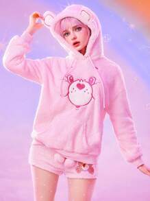 ROMWE X Care Bears Women Embroidered Teddy Bear Pattern Face Plush Women Drawstring 3D Ears Hooded Sweatshirt - Pink - View 4