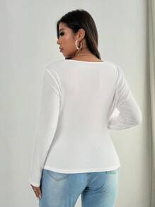 SHEIN Unity Áo thun cổ tròn dệt kim màu trơn cỡ lớn cho nữ, thanh lịch để mặc hàng ngày, mùa thu/đông - trắng - Xem 4